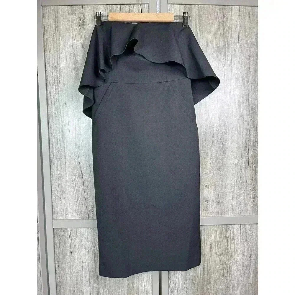 Chelsea 28 Dress Sz 6 Strapless Ruffle Neckline Crepe Peplum Sheath Black Color